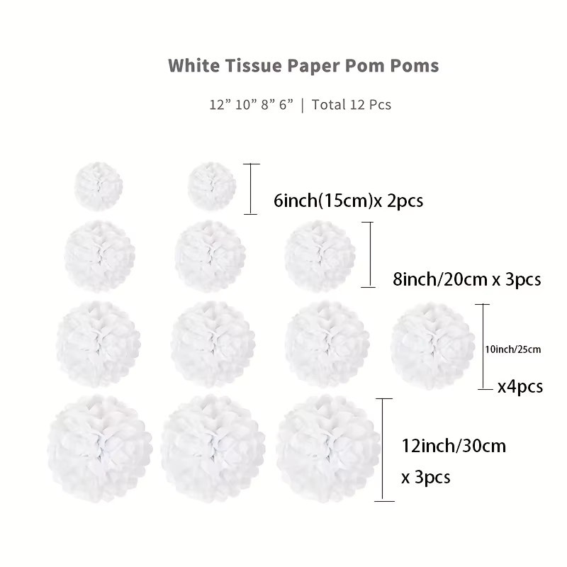 12er Set weiße Seidenpapier-Pompons als hängende Papierkugeln für deine Partydekoration und DIY-Blumenarrangements - Bild 2