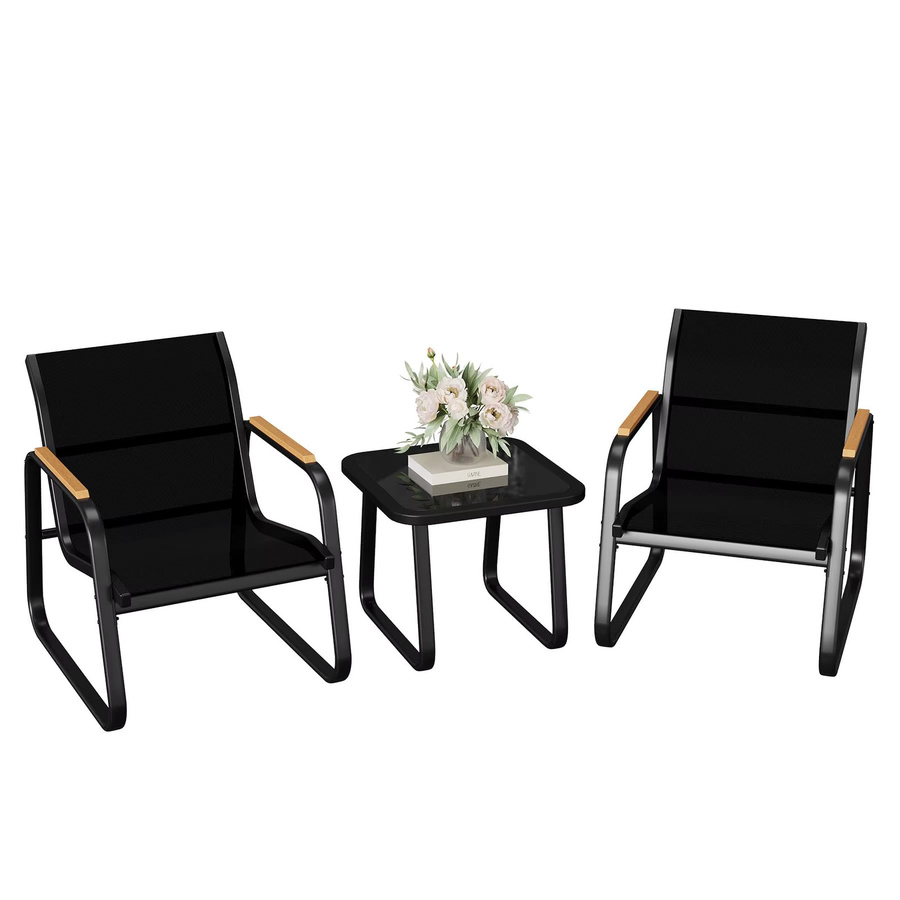 Studyset 3-teiliges Outdoor-Bistro-Set in Schwarz mit Glas-Beistelltisch und 2 Netz-Armlehnstühlen aus pulverbeschichtetem Stahl für Garten, Balkon und Terrasse - Bild 6