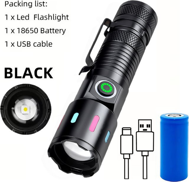 Mikenoon Mini LED Taschenlampe aus Aluminium, wiederaufladbare Tragbare Taschenlampe mit Clip in Schwarz - Bild 1