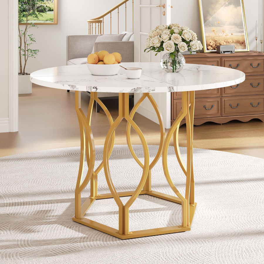 Runder Esstisch FC für 4 Personen in Weiß und Gold mit MDF Tischplatte und Metallbeinen, Durchmesser: 100 cm, Höhe: 76 cm - Bild 2