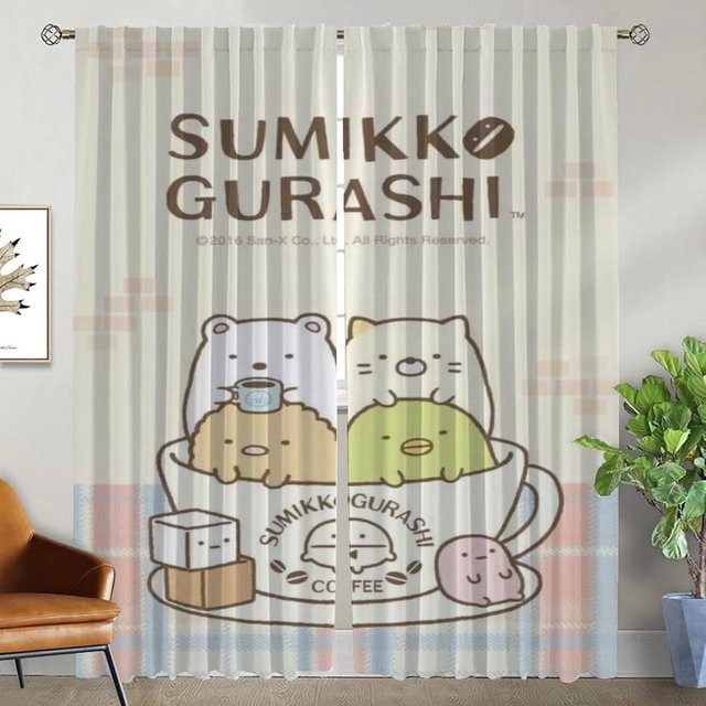 Sumikko Gurashi Vorhang Set aus Tüll, 2 Stück halbtransparente Gardinen für Wohnzimmer und Küche, Mehrfarbig, B: 50 cm, H: 70 cm - Bild 1