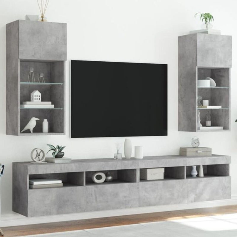 Vidaxl TV-Schrank mit LED-Leuchten in Grau, Modernes Design aus Holzwerkstoff und Glas, B/T/H: 40,5 x 30 x 90 cm, 2er-Set - Bild 1