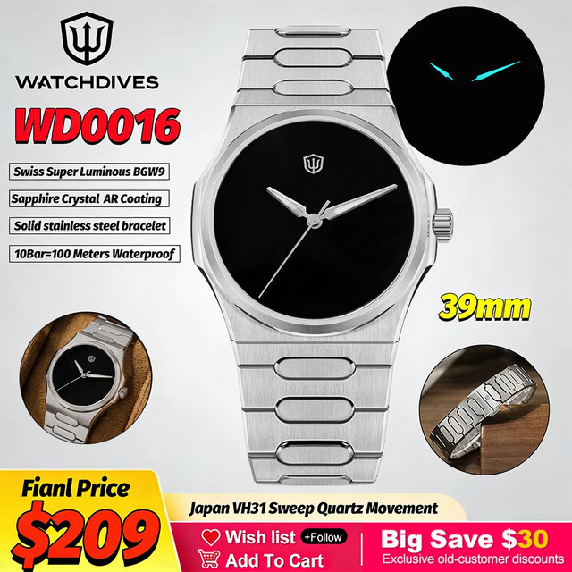 Watchdives Armbanduhr, Quarz, Edelstahl, Schwarz, Saphirglas, Unisex - Bild 1