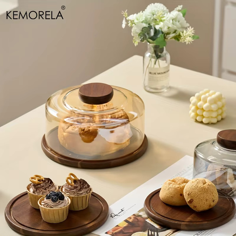 KEMORELA runder Kuchenständer aus Holz mit Glaskuppeldeckel als Serviertablett für Gebäck und Desserts - Bild 3