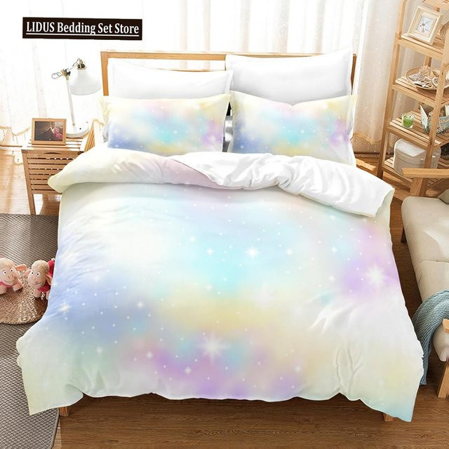 Bettwäsche Set Wolkenhimmel mit Regenbogen Muster in Rosa und Blau für Kinder, Material Polyester, B/H: 140 x 210 cm - Bild 1