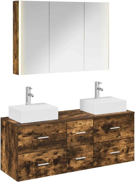 vidaXL Badezimmermöbel-Set 4-teilig aus geräuchertem Eichenholz in Braun mit LED-Beleuchtung und Spiegelschrank - Bild 1