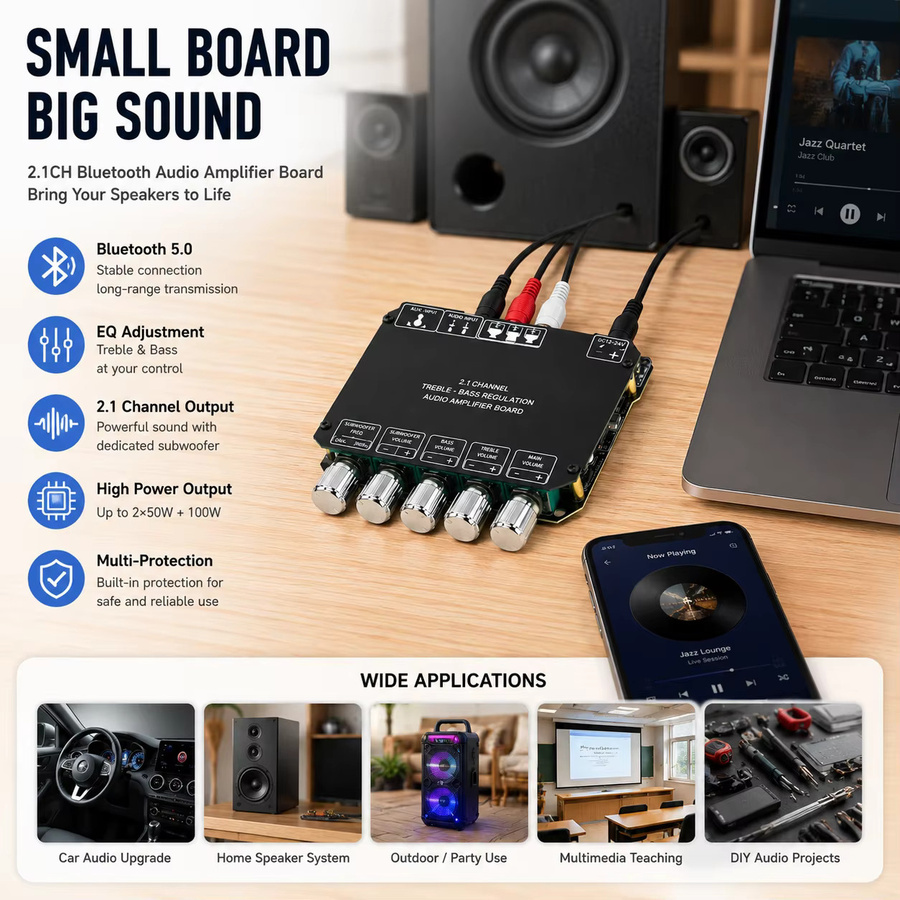 Digitaler 2.1CH Bluetooth Verstärker mit Subwoofer, 100W*2+100W, Höhen- und Bassregelung, AUX 3.5mm Jack, Schwarz - Bild 4