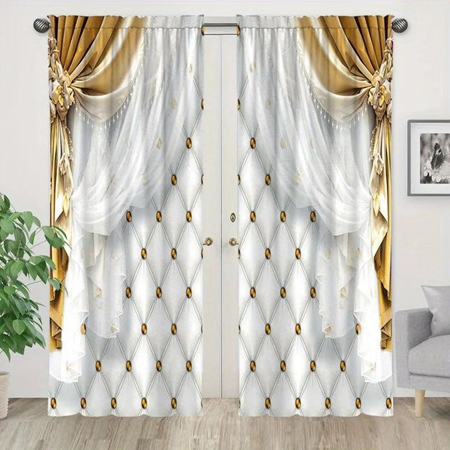 2er-Set Yiran Furniture Vorhänge mit goldenem Blumenmuster in Weiß, semi-transparent, B: 50 cm, H: 130 cm - Bild 1