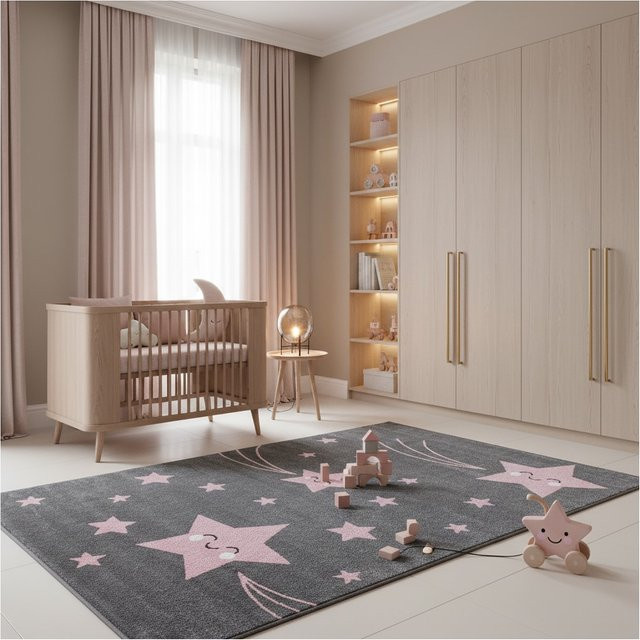 Kinderteppich TASNA von Kadima Design mit Sternen-Motiv in Rosa und Grau, B/T: 200 x 290 cm - Bild 1