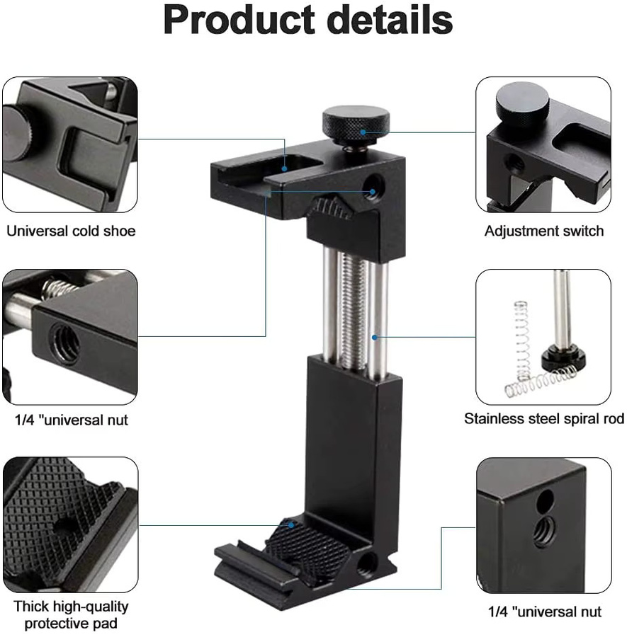 Lousxy Universelle Aluminium-Telefonstativhalterung mit Kaltschuhhalterung in Schwarz für vertikale und horizontale Nutzung inklusive verstellbarer Klemme - Bild 4