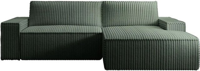 Vente-unique Schlafsofa Amelia in L-Form mit Schlaffunktion und Armlehnen, Grün, Cord, Breite: 267 cm - Bild 1