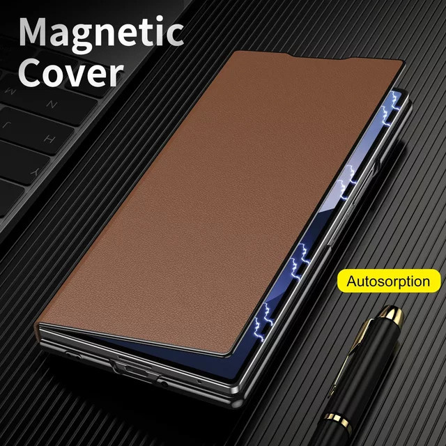 Luxuriöse Business Leder-Handyhülle mit magnetischer Legierung und Halterung für Samsung Galaxy Z Fold 7, 6, 5, 4, 3 5G, stoßfeste Schutzhülle in Blau oder Braun - Bild 1