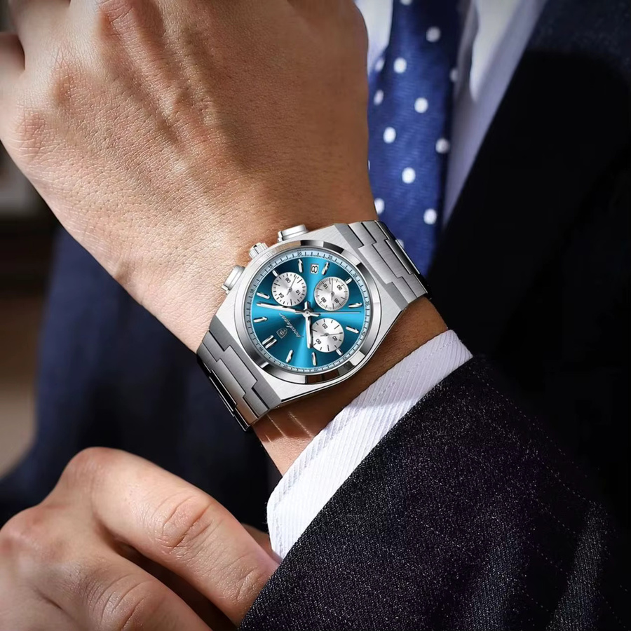 POEDAGAR Chronograph Armbanduhr, Quarz, Edelstahl, Blau, Herren - Bild 6