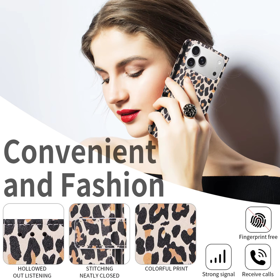 Leopardenmuster Flip-Wallet Handyhülle aus Kunstleder mit Kartenfach für iPhone 17 Pro Max, 16 Pro, 15, 14 Plus, 13 in Beige und Multicolour - Bild 4