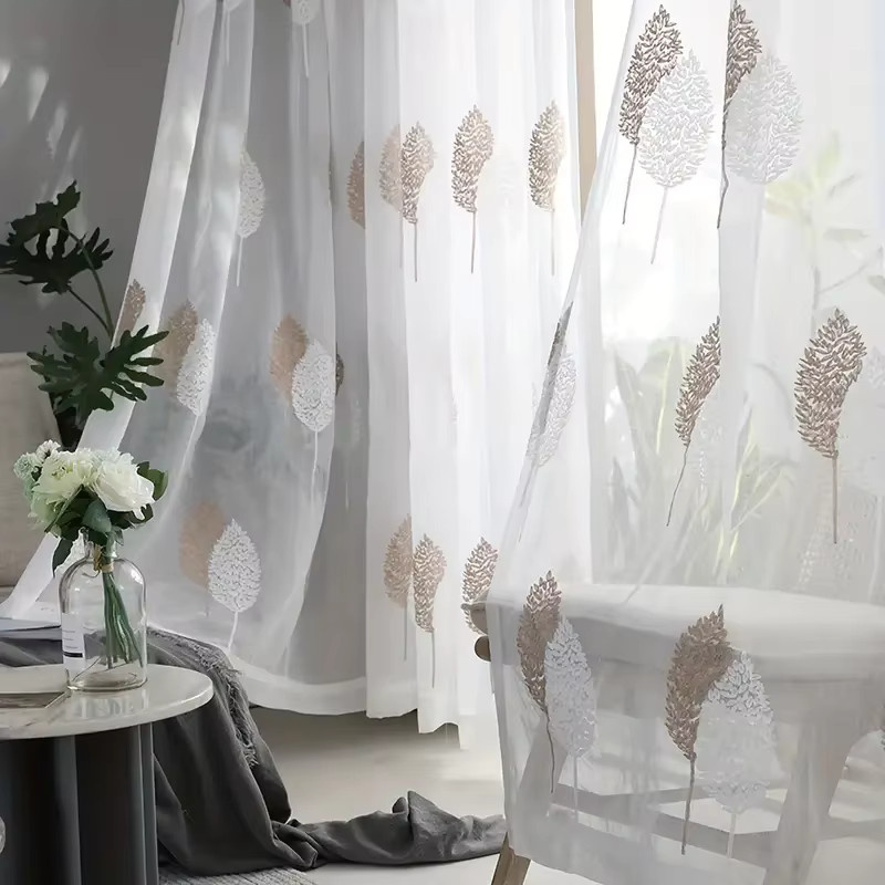CENTURyMiG Transparenter Vorhang mit floraler Blatt-Stickerei im nordischen Stil, UV-beständiger Polyesterstoff, Farbe: Weiß/Transparent, B: 200 cm, H: 200 cm - Bild 2