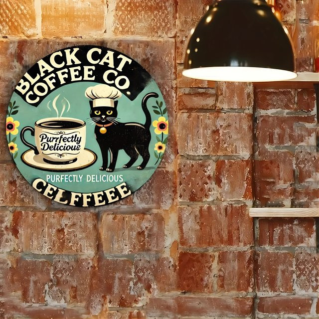 Potdemiel Black Cat Coffee Co Vintage Aluminiumschild rund, Durchmesser: 19,81 cm, Wanddekoration für Café, Bar und Zuhause, Mehrfarbig - Bild 1