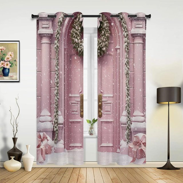Weihnachtliche Vorhänge mit Weihnachtsmann-Motiv und Deko-Kugeln in Pink, halbtransparent, Breite: 60 cm, Höhe: 135 cm - Bild 1