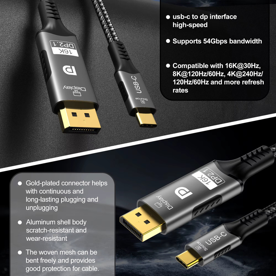 lmcnzz USB-C auf DisplayPort 2.1 Kabel in Schwarz, 16K@30Hz und 8K@60Hz, kompatibel mit Thunderbolt 4/3 für MacBook, Huawei Air, Projektor und PC - Bild 3