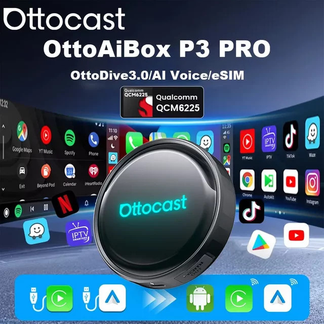 Ottocast P3 Pro Ai Box Wireless CarPlay und Android Auto Adapter mit Qualcomm SM6225 8-Core Prozessor, 128GB Speicher, Schwarz - Bild 1