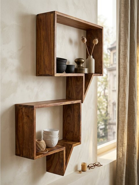 Wandregal Set MUMBAI von KADIMA DESIGN aus Massivholz im Landhausstil, Farbe Braun, B/T/H: 50 x 13 x 49 cm - Bild 1