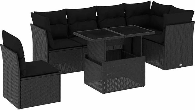vidaXL 7-teilige Garten-Sofagarnitur in L-Form mit Tisch und Kissen, Schwarz, Poly-Rattan und pulverbeschichtetem Stahl - Bild 1