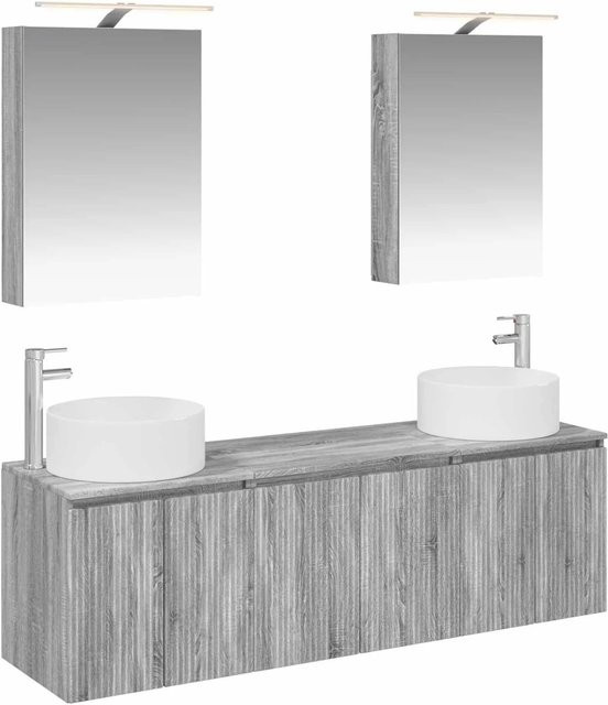 vidaXL Badezimmerschrank-Set in Grau Sonoma, 5-teiliges modernes Set mit Waschtischunterschrank, Spiegelschrank mit LED-Beleuchtung und Wandunterschrank, matt - Bild 1