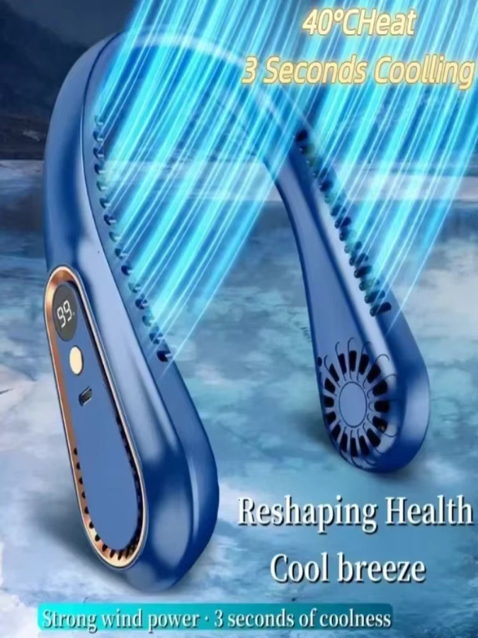 Tragbarer JIYUE Halsventilator in Blau mit 8000 mAh Akku, blattlos, wiederaufladbar und LED-Digitalanzeige - Bild 7