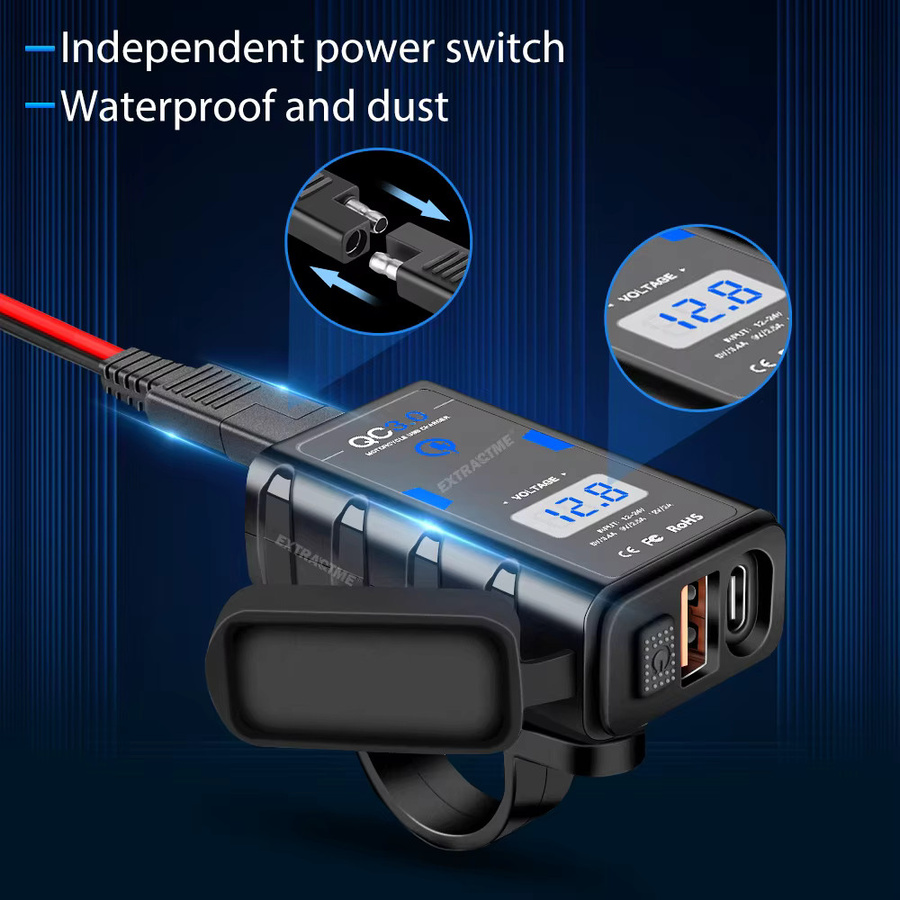 Extractme Motorrad USB Ladegerät Wasserdicht mit QC3.0 USB-A und Typ-C, 6,4 A Netzteil mit Voltmeter und Kabel für Moto Adapter - Bild 2