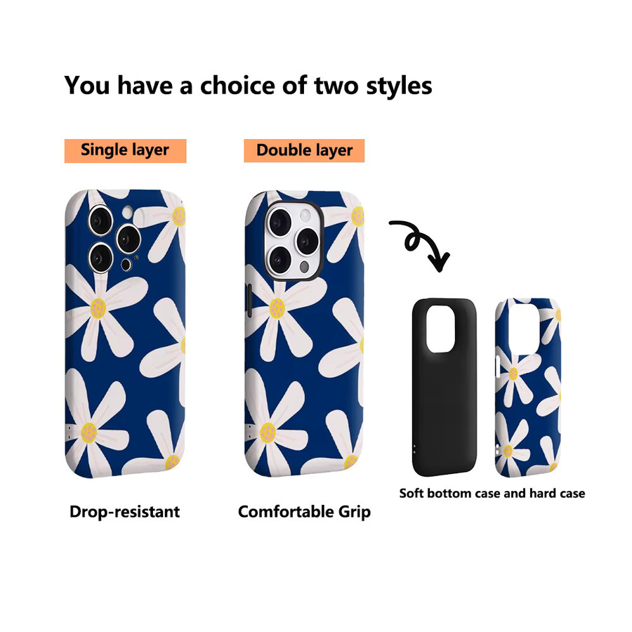 Handyhülle mit weißem Gänseblümchen-Design für Apple iPhone 11 bis iPhone 17 Pro Max Plus, doppelschichtige Rückseite, weiß und blau - Bild 3