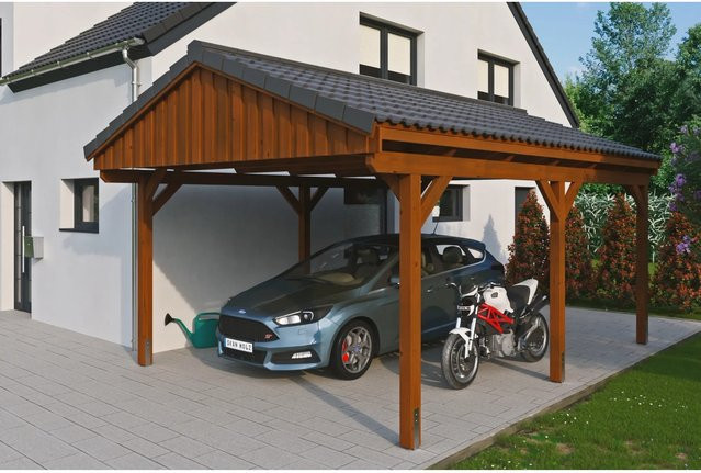 Skan Holz Carport Fichtelberg aus Fichte in Braun mit spitzer Dachform, Breite: 423 cm, Höhe: 326 cm - Bild 1