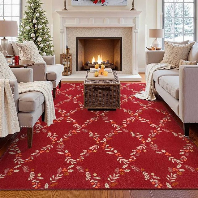 VIKAMA Weihnachtsteppich in Rot, rechteckiger Teppich mit floralem Design für dein Wohnzimmer, pflegeleicht und waschbar, B: 160 cm, T: 100 cm - Bild 1