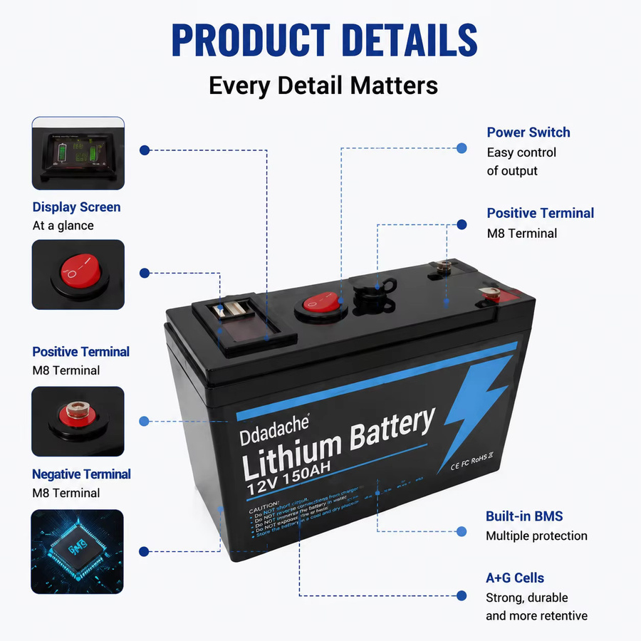 LiFePO4 12V 150Ah Lithium-Akku mit BMS-Platine in Schwarz für Solarpanels, Elektrofahrzeuge und Marine-Anwendungen - Bild 3