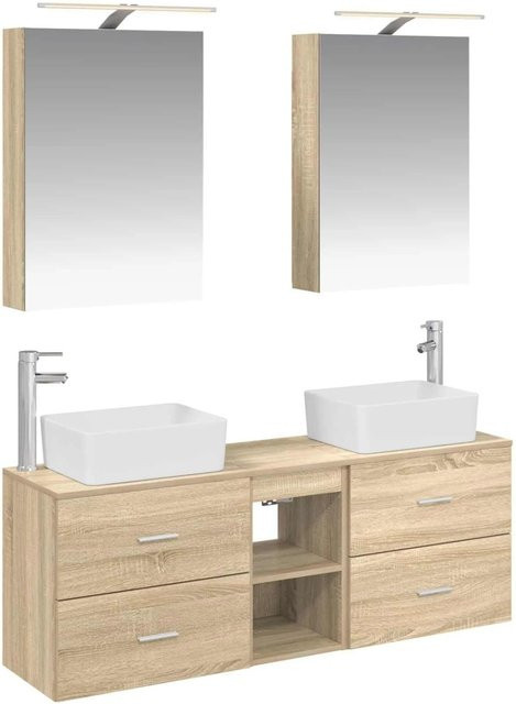 vidaXL Badezimmermöbel-Set 5-teilig in Sonoma-Eiche mit Spiegelschrank, Waschtischunterschrank und Wandschränken, Braun, mit LED-Beleuchtung und Glastüren - Bild 1
