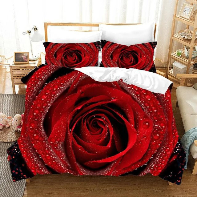 Bettwäsche-Set Your Warm Home mit rotem 3D-Rosenmuster aus Polyester, bestehend aus Bettbezug und 2 Kissenbezügen, Farbe: Rot - Bild 1