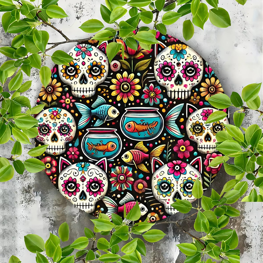 Potdemiel Zuckerschädel-Kranz-Schild, runde Aluminium-Dekoration für Dia de los Muertos und Cinco De Mayo, Mehrfarbig, Durchmesser: 20 cm - Bild 5