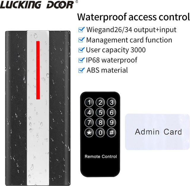 LUCKING DOOR RFID-Lesegerät für Zugangskontrolle mit 125 kHz und 13,56 MHz, 3000 Benutzer, wasserdicht nach IP67, Farbe: Schwarz - Bild 1