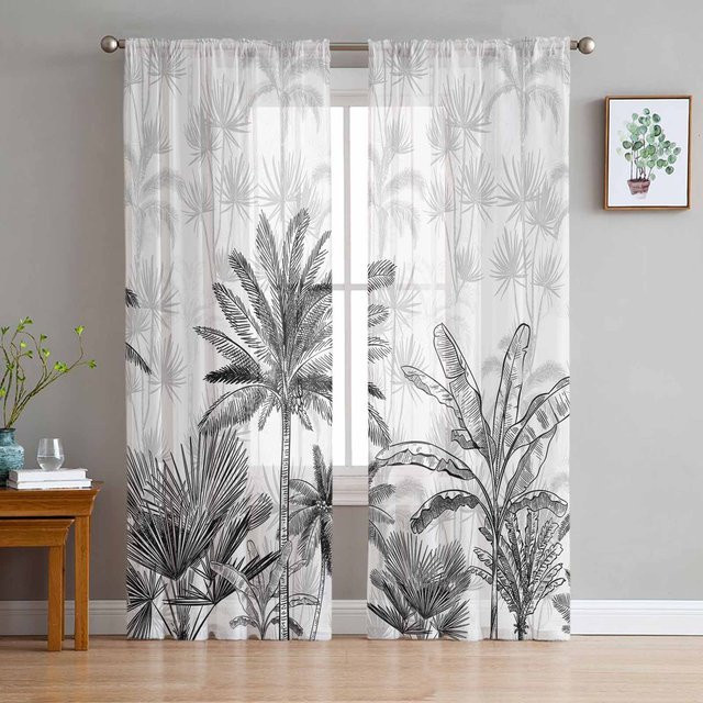 Super Six Transparente Chiffon-Tüllvorhänge mit Sommer-Palmen-Motiv in Weiß, Breite: 135 cm, Höhe: 137 cm - Bild 1