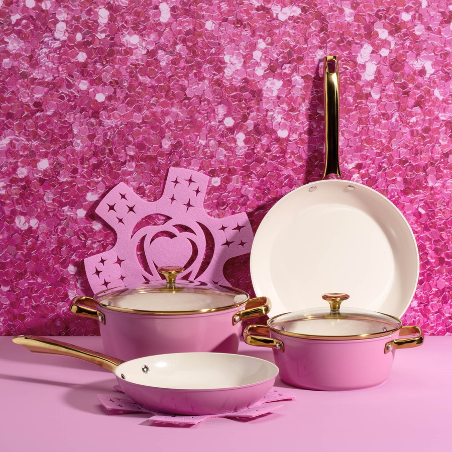 Paris Hilton Kochgeschirr-Set, 8-teilig, Pink, Beige und Gold, mit Antihaftbeschichtung aus Aluminium, Keramik, Glas und Edelstahl - Bild 2