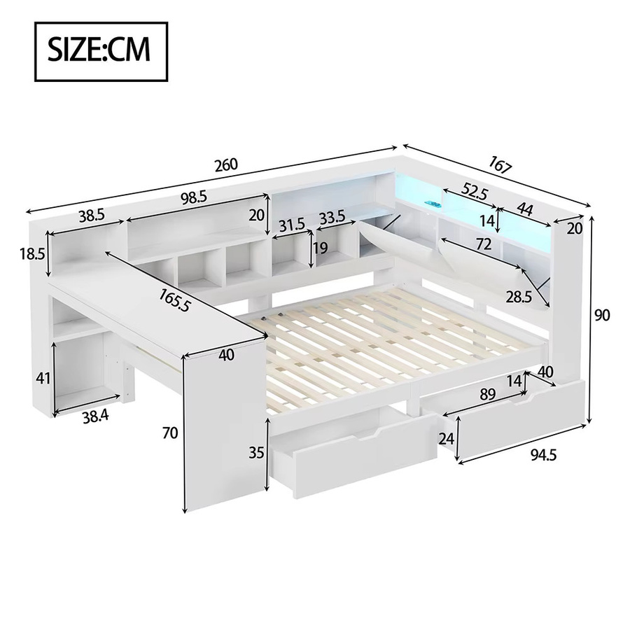 KOMHTOM L-förmiges Plattformbett in Weiß mit Schreibtisch, Bücherregal, Kopfteil, Schubladen und LED-Beleuchtung, Breite: 140 cm, Länge: 200 cm - Bild 2