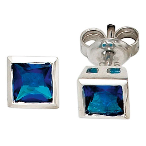 Colfem Ohrstecker quadratisch, 925 Sterling Silber, rhodiniert, 2 Zirkonia blau, Unisex - Bild 1