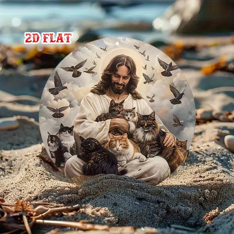 CIFBUY Vintage Jesus mit Katzen Wandkunst Rundes Aluminium Metallschild für Home Bar Cafe Dekor - Bild 5