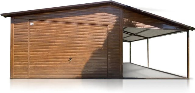 Liderstal Einzelgarage Basic aus Blech mit Satteldach und Schwingtor in Holzoptik Braun, B/T/H: 600 x 400 x 280 cm - Bild 1