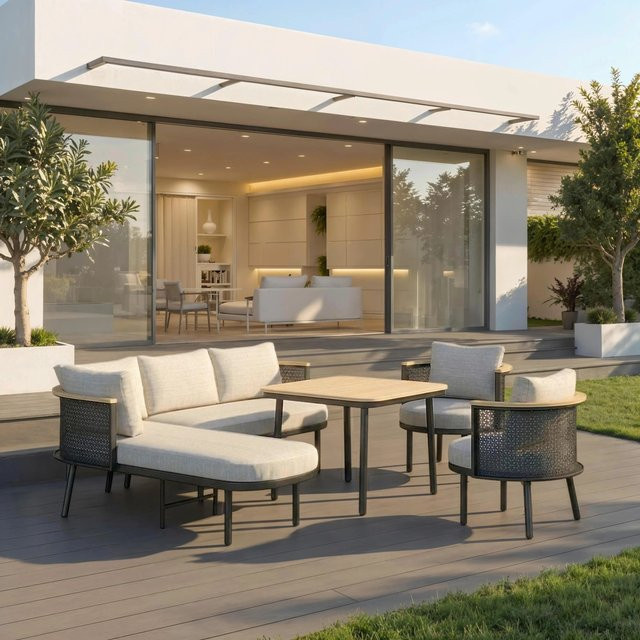 Bessagi Garden Lissa Dining-Loungeset in Beige aus Metall, Polywood und Outdoorstoff - Bild 1