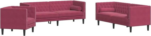 vidaXL 3-teiliges Chesterfield-Sofa-Set aus Samt in Weinrot mit Sessel, 2-Sitzer und 3-Sitzer inklusive Nackenrollen und passenden Kissen - Bild 1