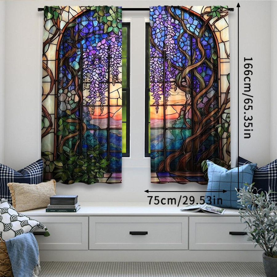 Tonnika Chen Buntglas-Wisteria-Blumen-Vorhang Set aus 2 Stück aus Polyester, Multicolor, B: 100 cm, H: 70 cm - Bild 4