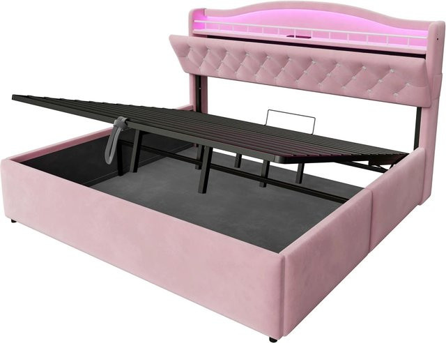 Merax Polsterbett mit LED-Beleuchtung, USB-Anschluss und Bettablage in Rosa, B/T/H: 180 x 200 x 117 cm - Bild 1