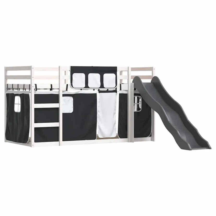 vidaXL Etagenbett für Kinder aus massivem Kiefernholz mit Rutsche und Gardinen, Weiß und Schwarz, B/T/H: 90 x 200 cm - Bild 2