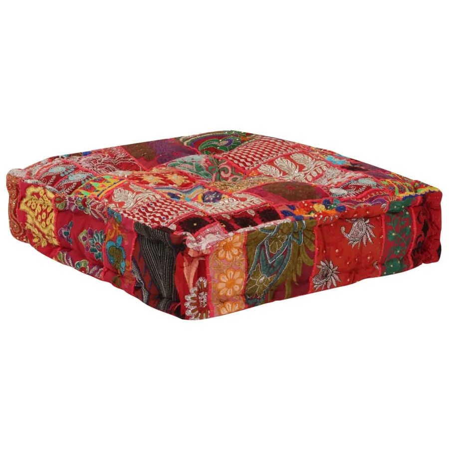 vidaXL Patchwork-Pouf aus Baumwolle in Rot und Multicolour, B/T/H: 50 x 50 x 12 cm - Bild 2