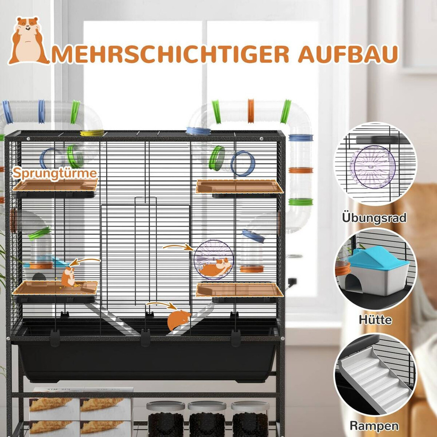 PawHut Hamsterkäfig Nagerkäfig mit Laufrad und Zubehör, Schwarz, B/H/L: 46 x 109 x 82 cm, Aosom - Bild 3