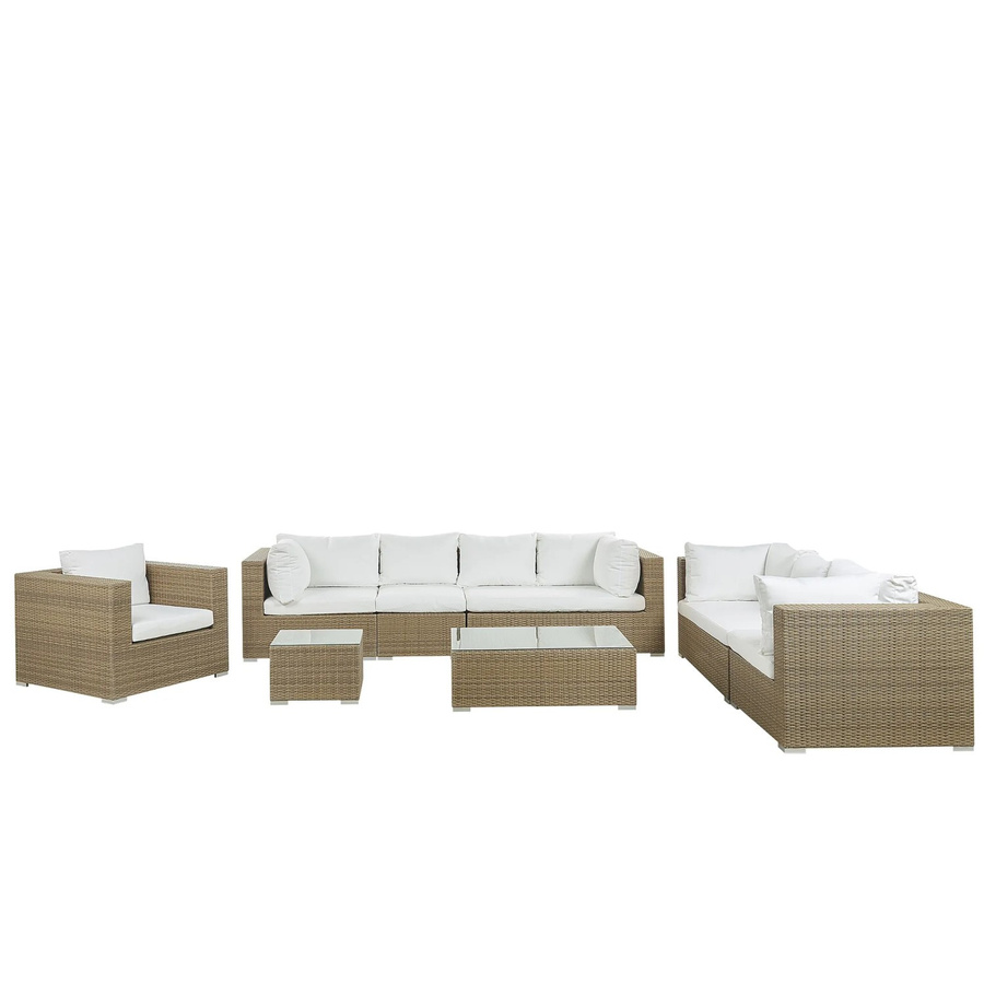 Beliani Sitzgruppe MAESTRO Polyrattan in Hellbraun mit Polsterkissen und Couchtisch, L-Form für Garten und Outdoor, B/T/H: 282 x 90 x 70 cm - Bild 2